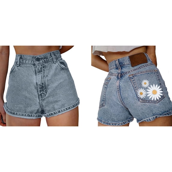 Womens High Waist Embroidered Denim Shorts Light Blue A XL
