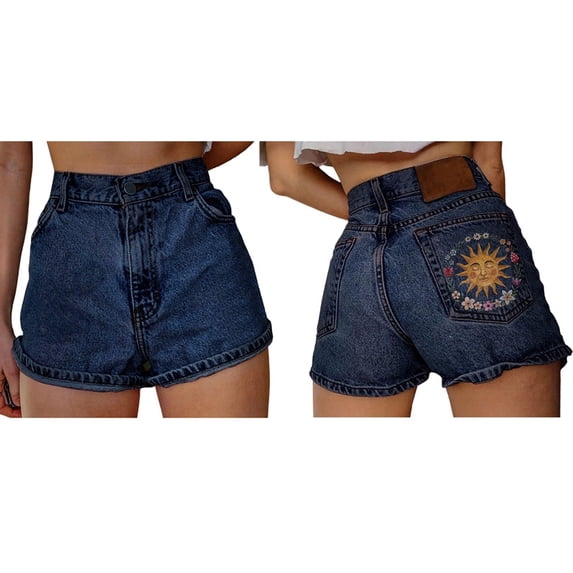 Womens High Waist Embroidered Denim Shorts & Sun XL