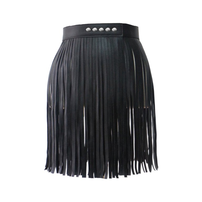 Black Faux Leather Fringe Skirt