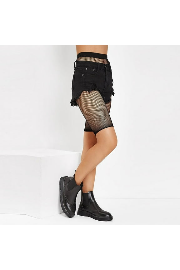 Womens High Waist Fishnet Mesh Half Legging Shorts Pants See-Through Stockings