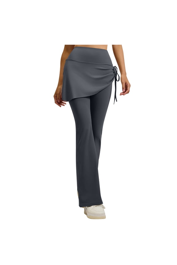 Womens High Waist Flare Pants with Asymmetrical Skirt Overlay Drawstring Yoga Dance Trousers for Casual Wear
