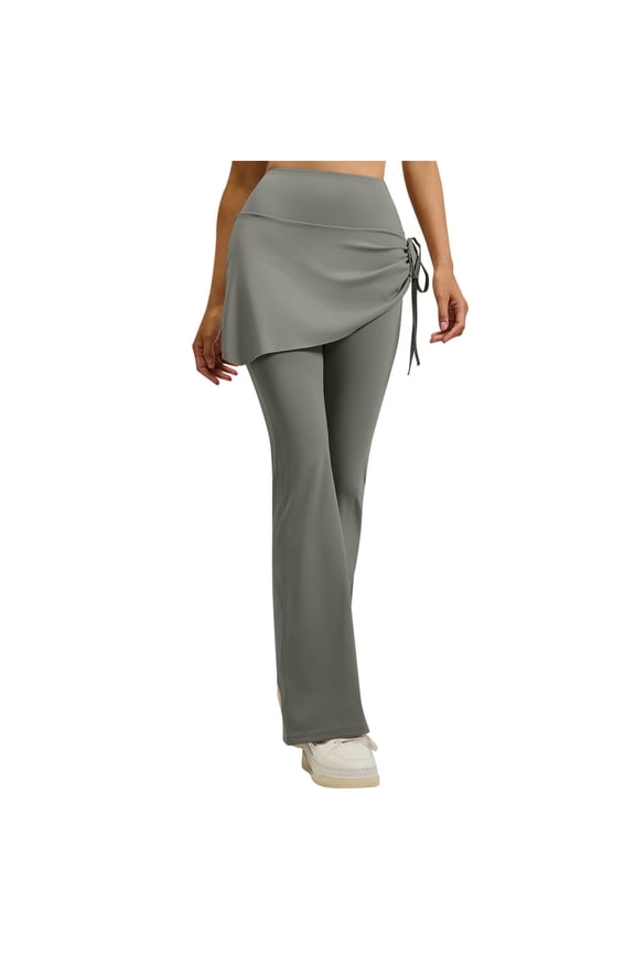 Womens High Waist Flare Pants with Asymmetrical Skirt Overlay Drawstring Yoga Dance Trousers for Casual Wear