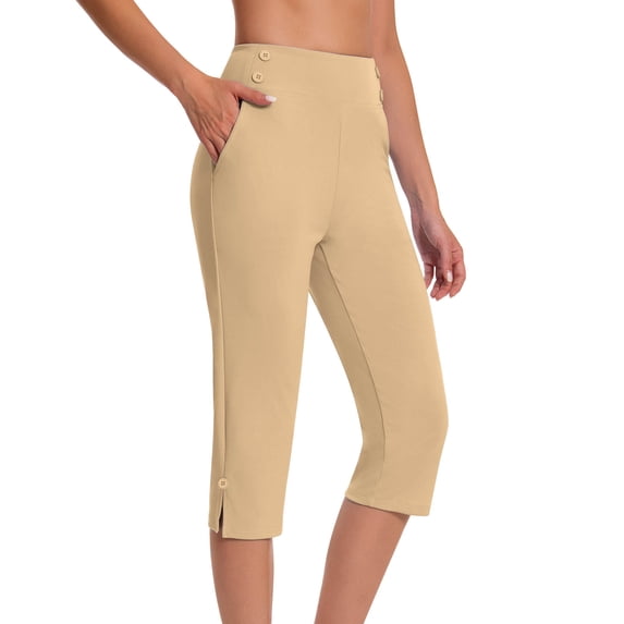 Womens High Waist Flex Yoga Capris Pants with Pockets Tummy Control Workout Running Yoga Leggings Khaki M