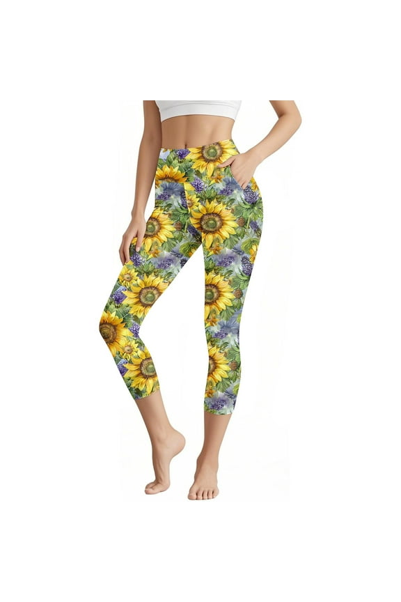 Womens High Waist Floral Printed Work Out Yoga Capri Pants Elastic Body-Shaping Yoga Pants Base Layer Pants