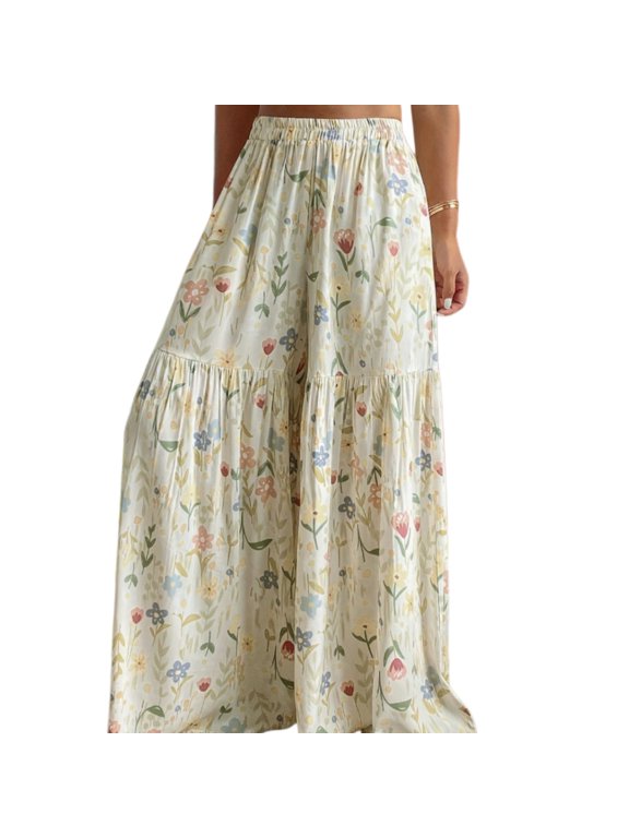 Womens High Waist Floral Wide Leg Pants Casual Loose Flowing Palazzo Pants Summer Vacation Outfit