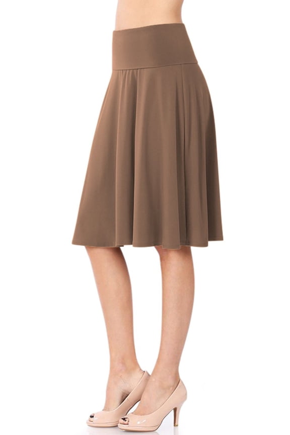 Womens High Waist Fold Over A-Line Flared Midi Swing Skirt