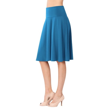 Womens High Waist Fold Over A-Line Flared Midi Swing Skirt