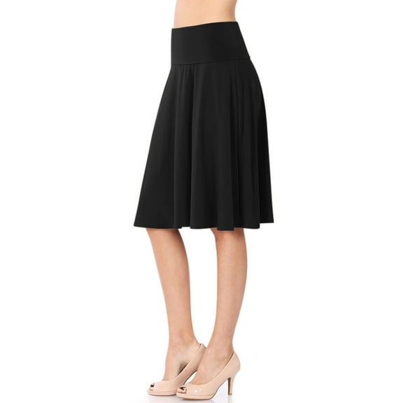 Womens High Waist Fold Over A-Line Flared Midi Swing Skirt