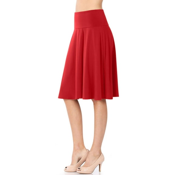 Womens High Waist Fold Over A-Line Flared Midi Swing Skirt