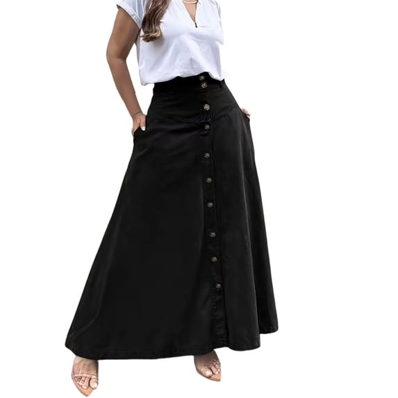 Womens High Waist Front Split Midi Skirt Solid Button Down A-Line Long Skirt with Side Pockets for Summer Casual Wear Black M(M)