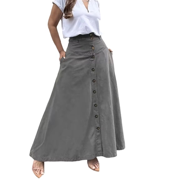 Womens High Waist Front Split Midi Skirt Solid Button Down A-Line Long Skirt with Side Pockets for Summer Casual Wear Gray L(L)