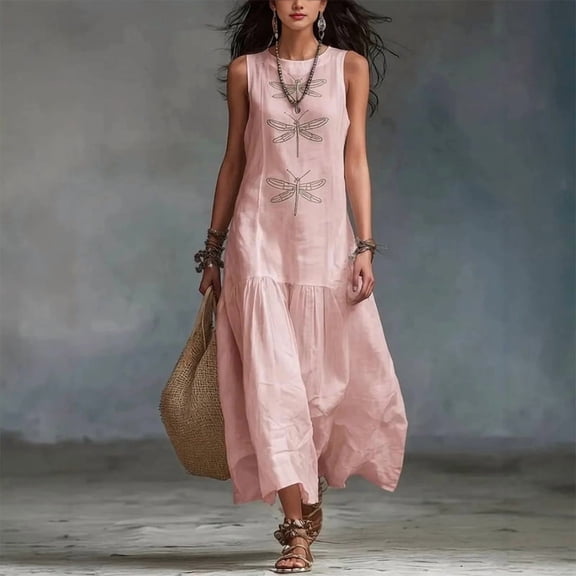 Morttic Women's Dragonfly Print Sleeveless Maxi Dress – Tiered Ruffle Hem A-Line Solid Color Summer Casual Long Dress Pink,M