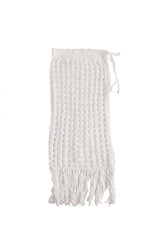 Womens High Waist Hollow Out Crochet Knit Maxi Skirt Fringe Tassels Hem Side Split See-Through Beachwear Cover Up