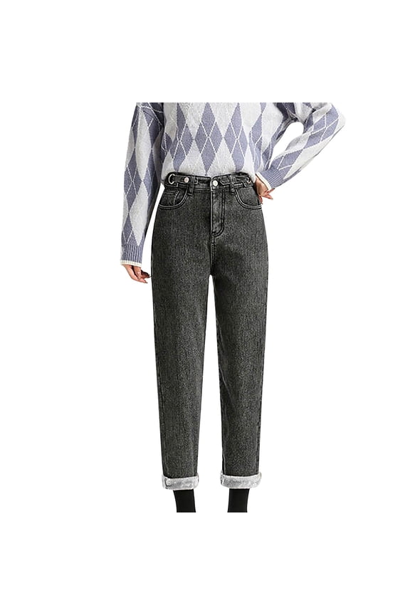 Womens High Waist Loose Adjustable Waist Thickened Warm Plus Straight Jeans Denim Knit Leggings Women Designer Pants Womens on Pants Tall Super Straight Dorm Pant Jean Pants for Women Lift plus Size