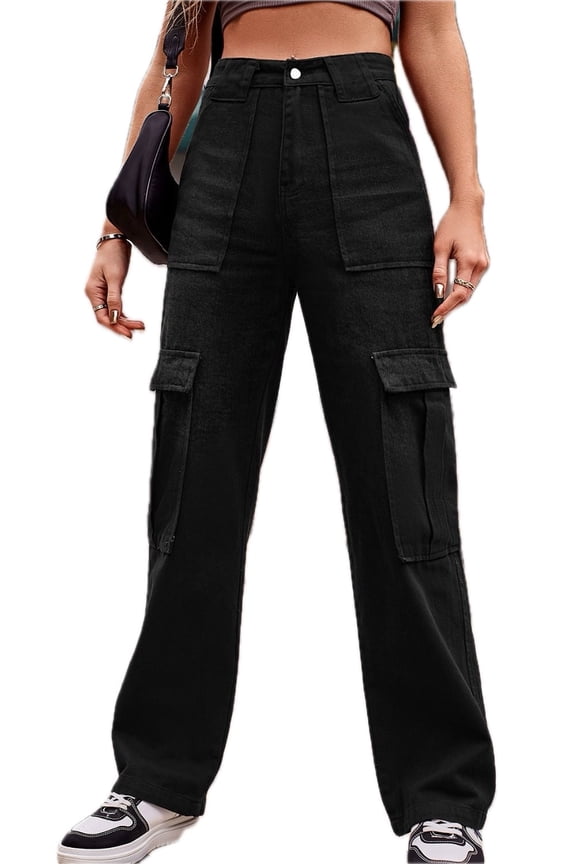 Womens High Waist Loose Fit Pants with Pockets Buttoned Front Casual Long Durable Rayon Blend Fabric for Everyday Wear