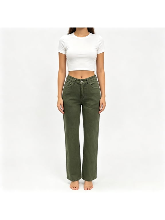 Womens High Waist Olive Green Straight Leg Denim Jeans Stretch Casual Long Pants With Pockets