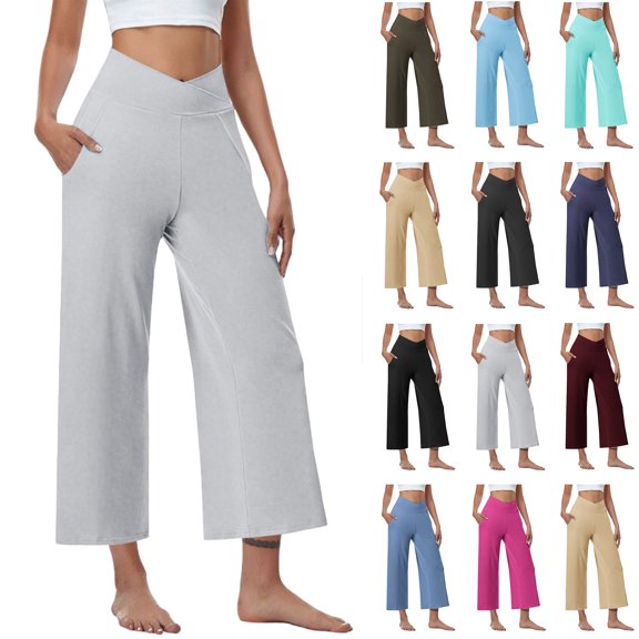 Womens High Waist Pants Casual Stretchy Wide Leg Pants Comfy Loose Fit Pants Solid Elastic Waist Pocket Stylish Pants