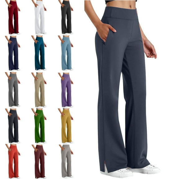 Womens High Waist Pants Casual Stretchy Wide Leg Yoga Lounge Pants Comfy Loose Fit Dress Pants with Pockets