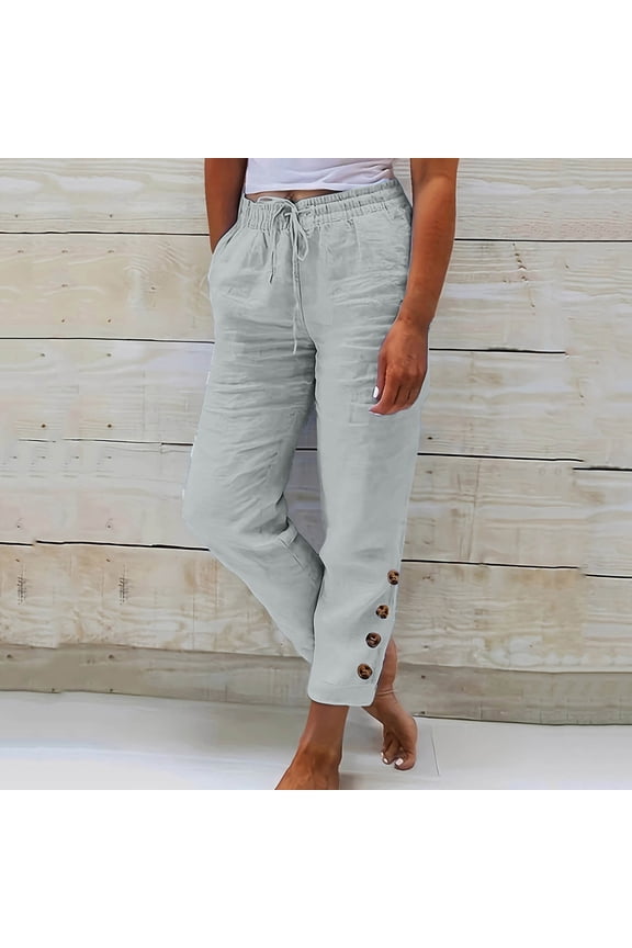Womens High Waist Pants Wide Leg Drawstring Solid Color Button Down Capris Casual Loose Cropped Trousers with Pockets,Gray 2,XL