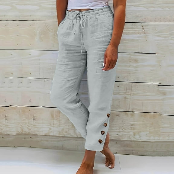 Womens High Waist Pants Wide Leg Drawstring Solid Color Button Down Capris Casual Loose Cropped Trousers with Pockets,Gray 2,XL