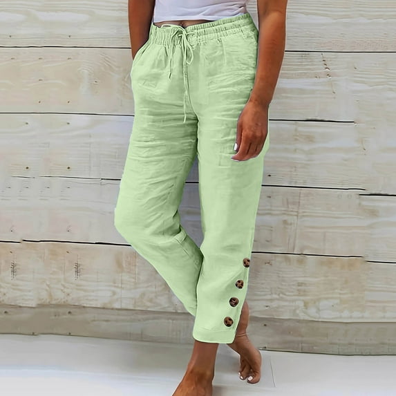 Womens High Waist Pants Wide Leg Drawstring Solid Color Button Down Capris Casual Loose Cropped Trousers with Pockets,Green,3XL