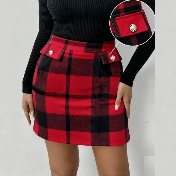 Womens High Waist Plaid Mini Skirt Bodycon Pencil Skirts for Festival Casual Wine L
