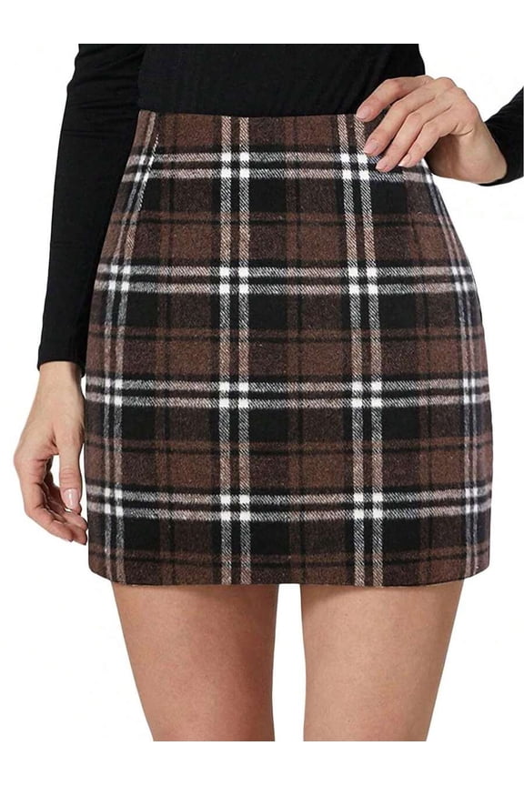 Womens High-Waist Plaid Pencil Mini Skirt In Coffee Brown Wool Blend