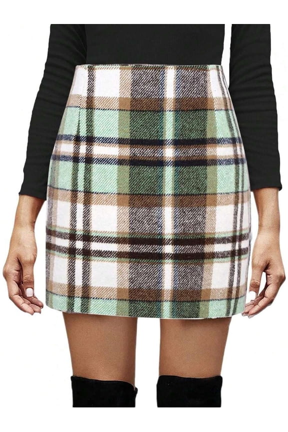 Womens High-Waist Plaid Pencil Mini Skirt In Sage Green Wool Blend