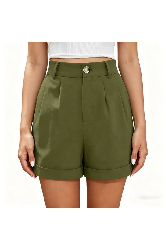 Womens High Waist Pleated Shorts Dressy Casual Button Cuffed Hem Elegant Office Work Bottoms Green S