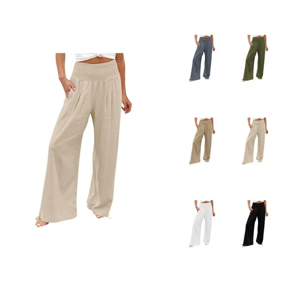 Womens High Waist Pockets Elastic Waist Solid Loose Pants Casual Long Trousers Casual Womens Pants