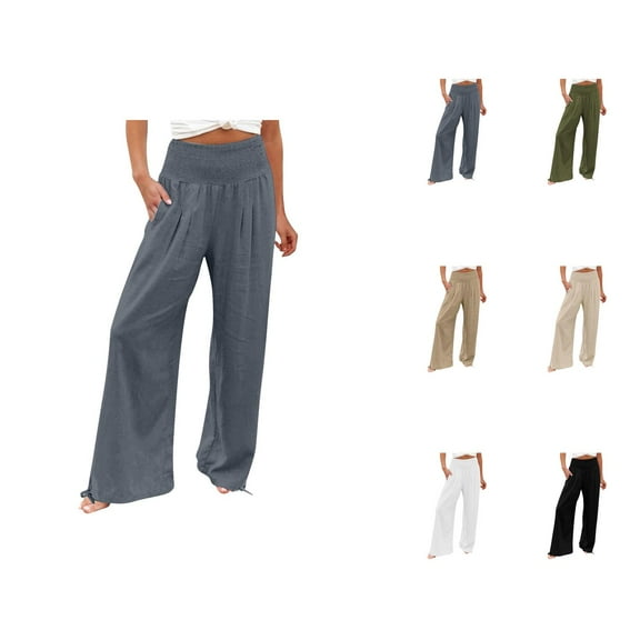 Womens High Waist Pockets Elastic Waist Solid Loose Pants Casual Long Trousers Lightweight Summer Pants Women