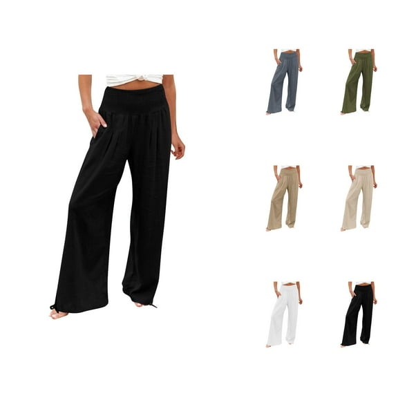 Womens High Waist Pockets Elastic Waist Solid Loose Pants Casual Long Trousers Summer Pants