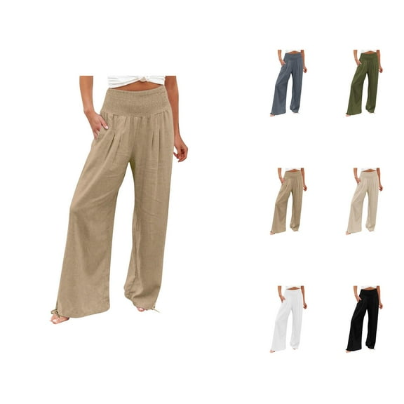 Womens High Waist Pockets Elastic Waist Solid Loose Pants Casual Long Trousers Womens Summer Capris Lightweight Casual