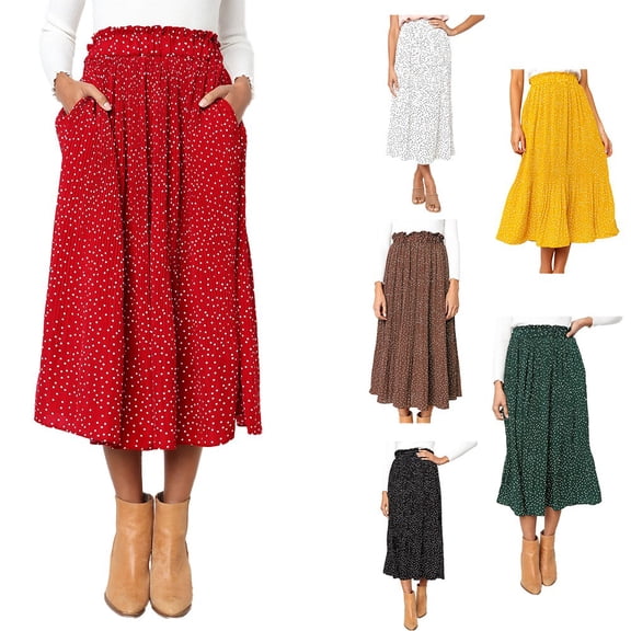 Womens High Waist Polka Dot Pleated Skirt Midi Swing Skirt with Pockets Red L