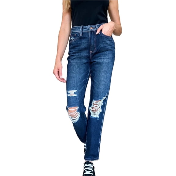 Womens High Waist Rigid Straight Leg Jeans Heavy Destroyed Denim Raw Hem Durable Edgy Look Flattering Fit Versatile