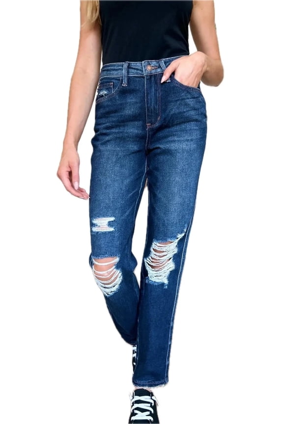 Womens High Waist Rigid Straight Leg Jeans Heavy Destroyed Denim Raw Hem Durable Edgy Look Flattering Fit Versatile