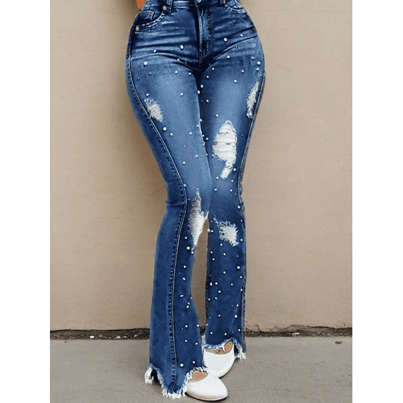 Womens High Waist Ripped Bootcut Jeans Washed Blue Jeans Casual Sexy Slim Fit Jeans Y2K Grunge Trend Street Style Element Fashion Party Casual