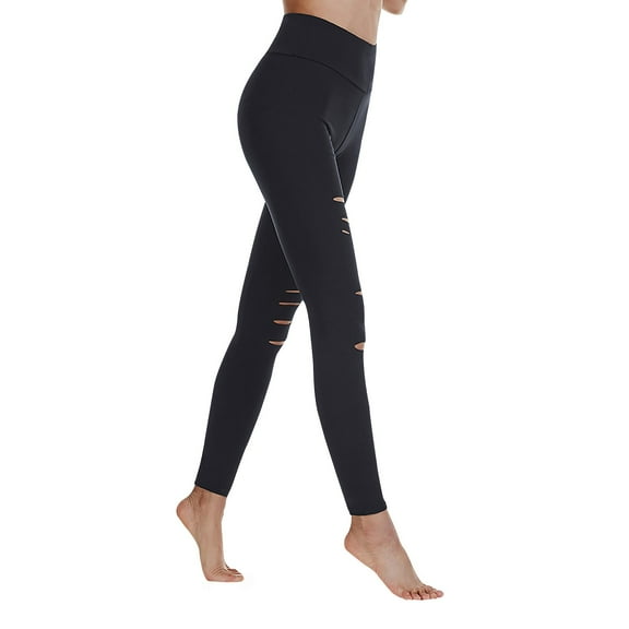Womens High Waist Ripped Work Out Yoga Capri Pants Elastic Body-Shaping Yoga Pants Base Layer Pants