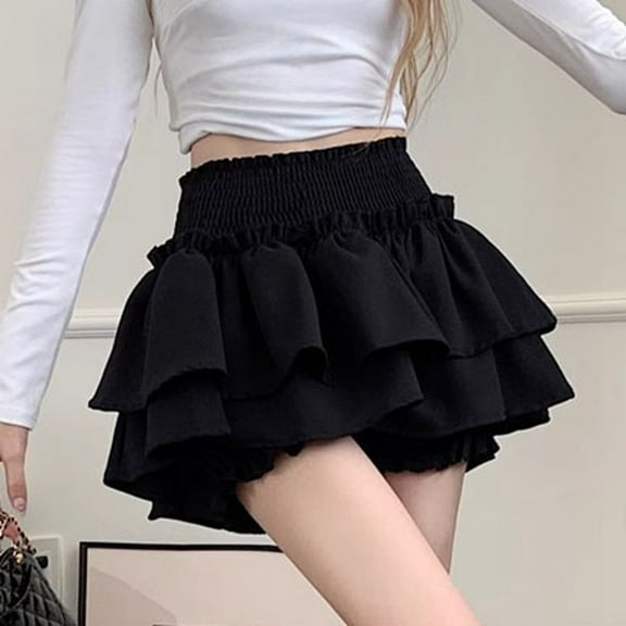Womens High Waist Ruffle Flowy Mini Skirts Layered Pleated Short Skirt (Black M)