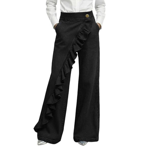 Womens High Waist Ruffle Trim Flared Denim Pants Solid Color Ruffle Detail Bootcut Jeans with Side Pockets Black L(L)