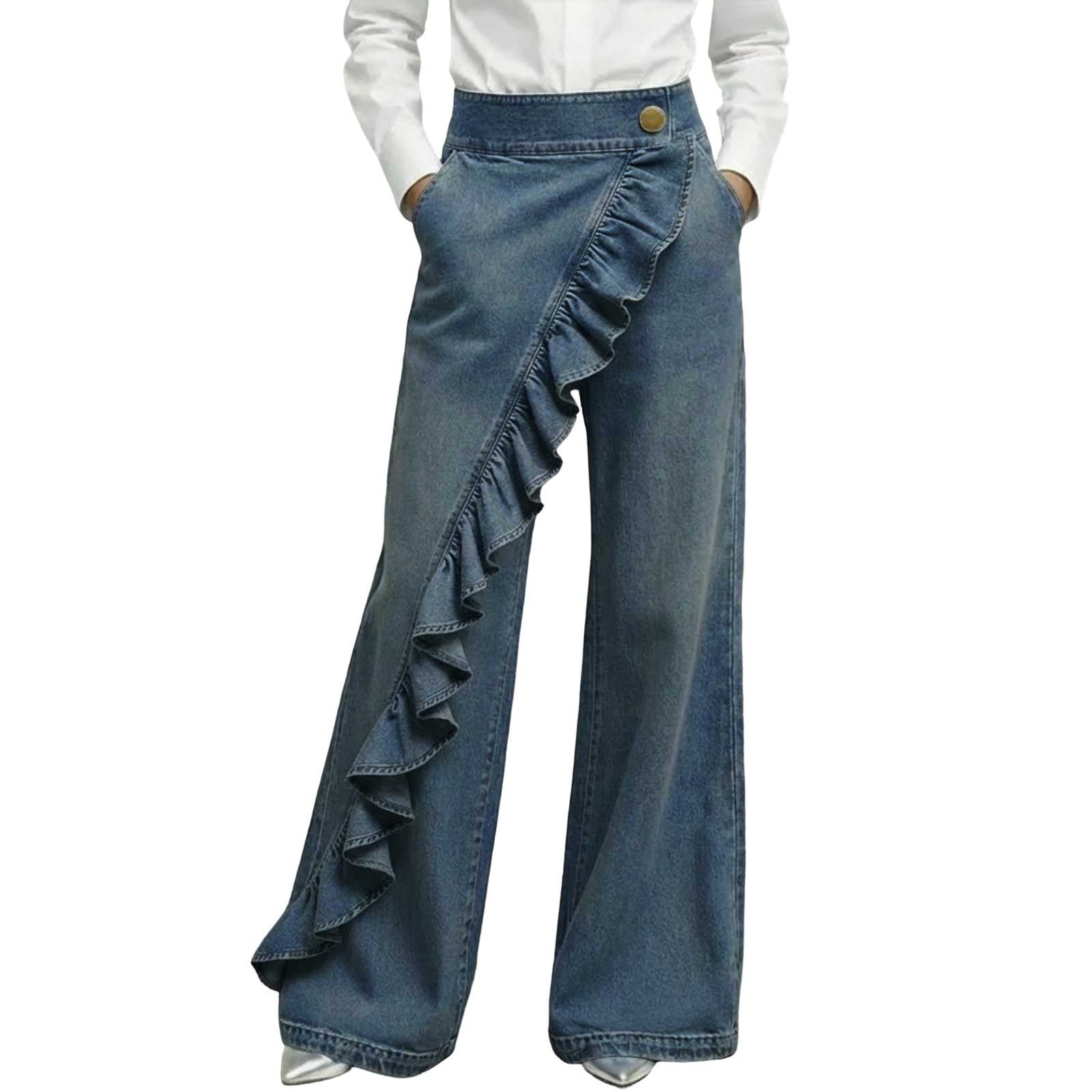 Womens High Waist Ruffle Trim Flared Denim Pants Solid Color