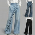 thumbnail image 1 of Womens High Waist Ruffle Trim Flared Denim Pants Solid Color Ruffle Detail Bootcut Jeans with Side Pockets Light Blue XL(XL), 1 of 5