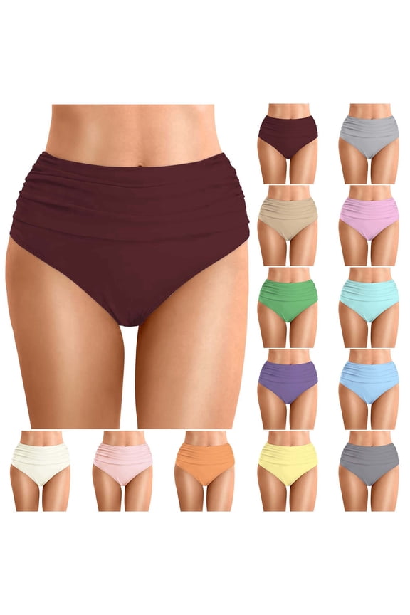 Womens High Waist Scrunch Bikini Bottoms Tummy Control Fold Ruched Swim Briefs Triangle Contour Seam Lines Purple XXL