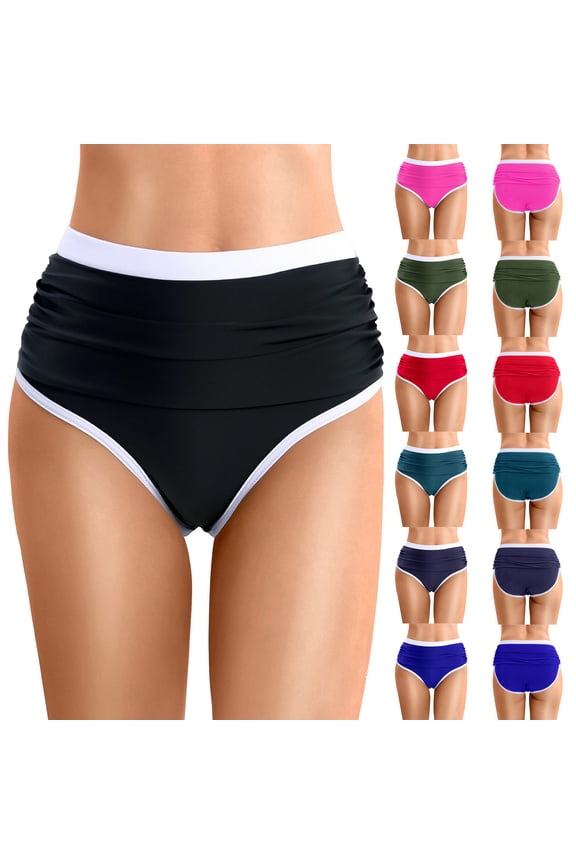 Womens High Waist Scrunch Bikini Bottoms Tummy Control Ruched Swim Briefs Triangle Contour Seam Lines Cheeky Bottom Blue XXXXXL