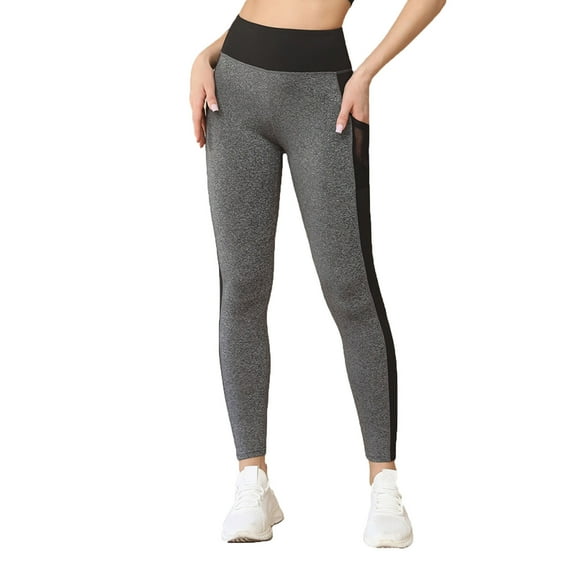 Womens High Waist Seamless Workout Leggings with Pocket Color Block Quick Dry Running Gym Pants Fitness Activewear Gray, M
