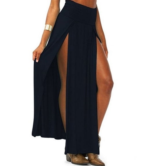 Womens High Waist Sexy Double Slit Front Open Knit Maxi Long Skirt Solid Color P