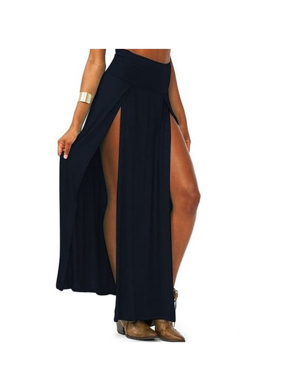 Womens High Waist Sexy Double Slit Front Open Knit Maxi Long Skirt Solid Color P