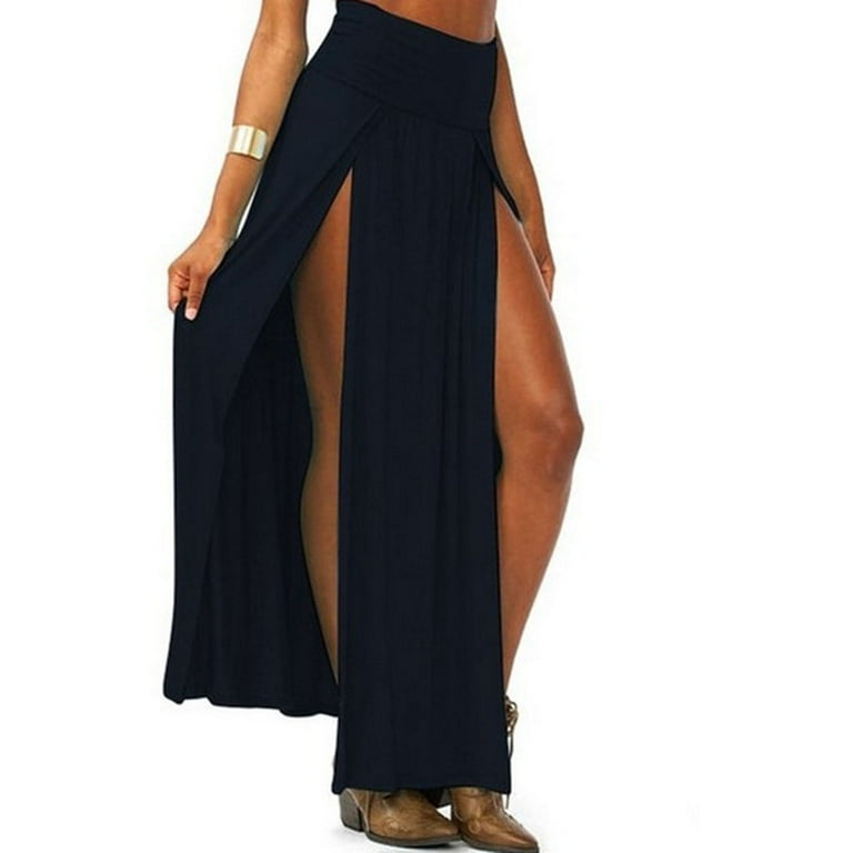 【CITYBREEZ】★ SLIT LONG SKIRT ★ 2 COLOR Womens High Waist Sexy Double Slit Front Open Knit Maxi Long
