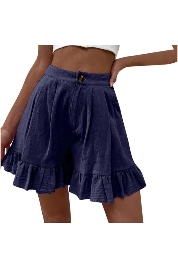 Womens High Waist Shorts with Pockets Ruffle Linen Shorts Summer Casual Solid Color Comfy Lounge Shorts for Women