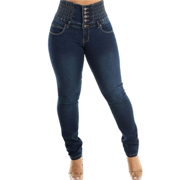 Womens High Waist Skinny Jeans Buttoned Hip Lifting Pocketed Smocked Waist Stretch Denim for Daily Wear Everyday